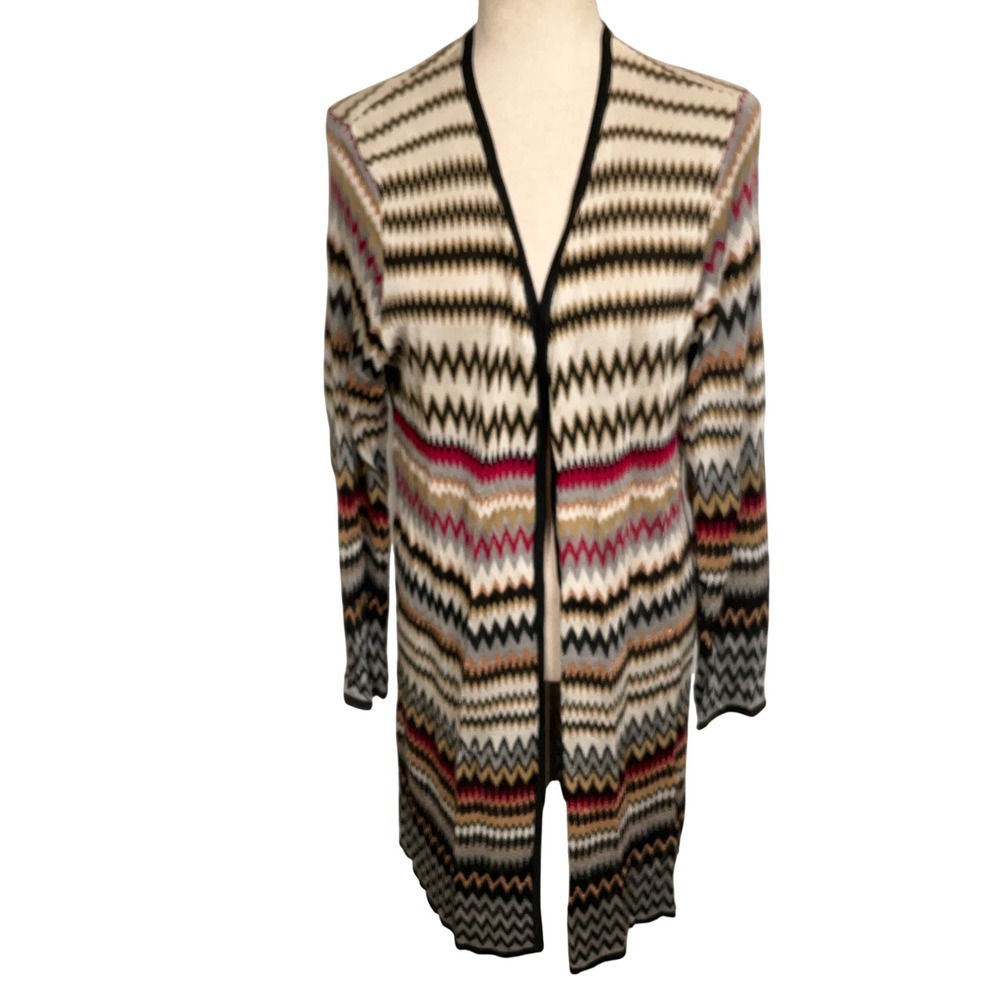 Chico's Chevron Cardigan Womens L/12 Tan Black Chevron Metallic Duster Knit Boho